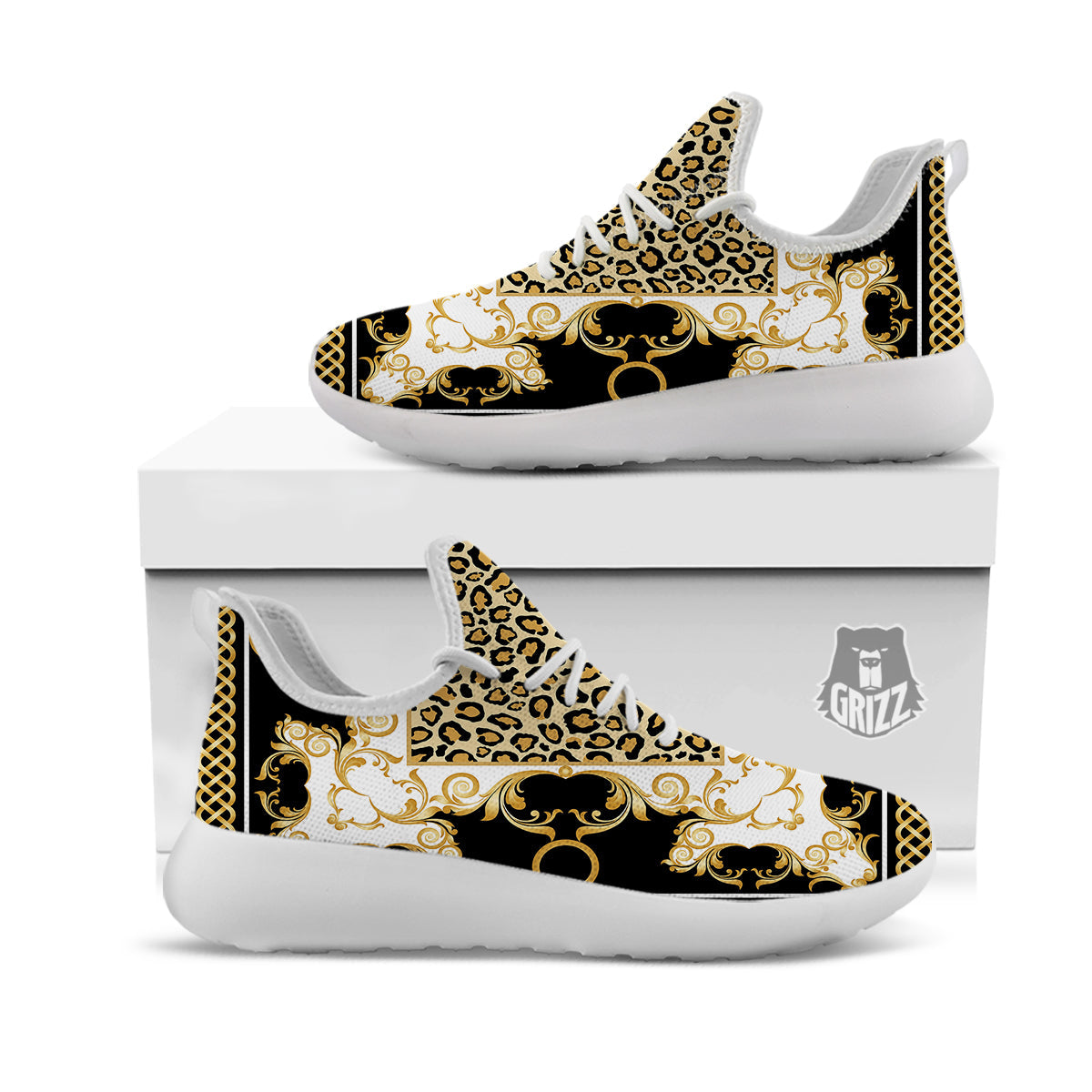 Golden Baroque And Leopard Print White Athletic Shoes-grizzshop