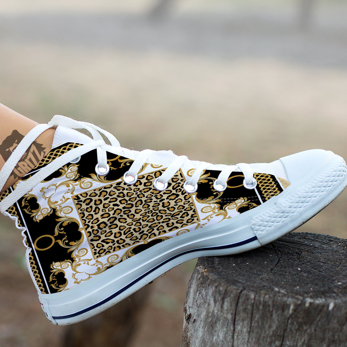 Golden Baroque And Leopard Print White High Top Shoes-grizzshop