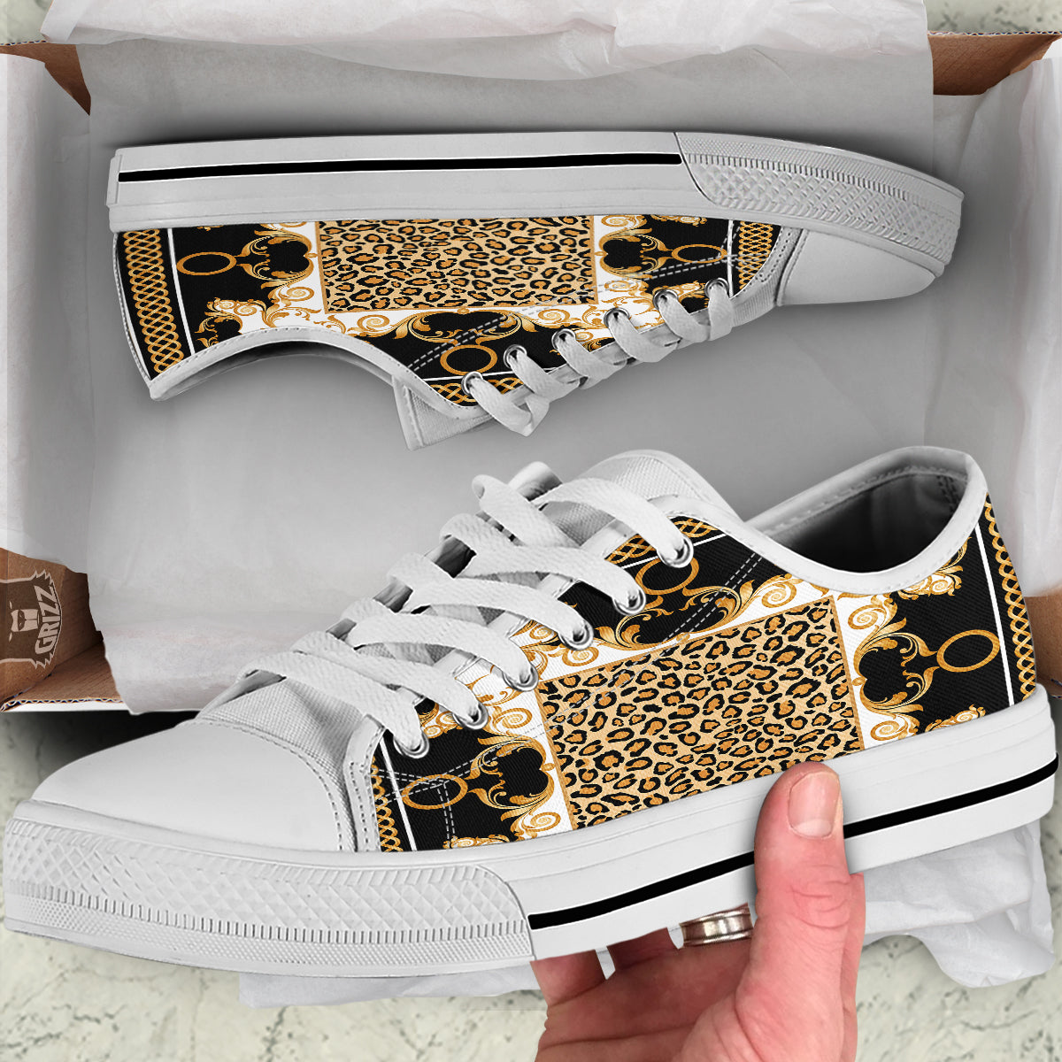 Golden Baroque And Leopard Print White Low Top Shoes-grizzshop