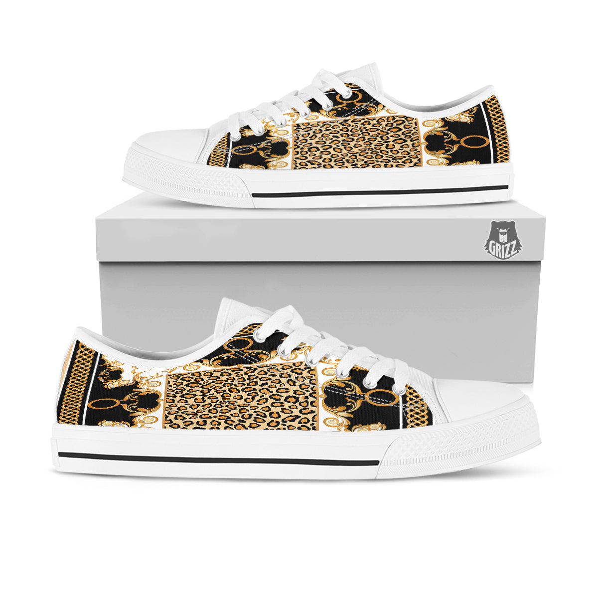 Golden Baroque And Leopard Print White Low Top Shoes-grizzshop