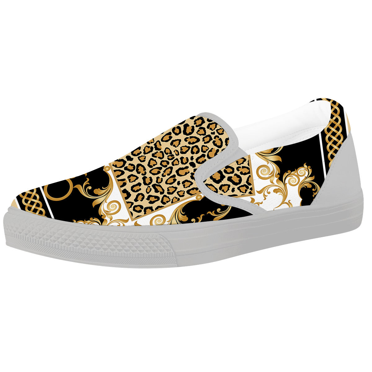 Golden Baroque And Leopard Print White Slip On Shoes-grizzshop