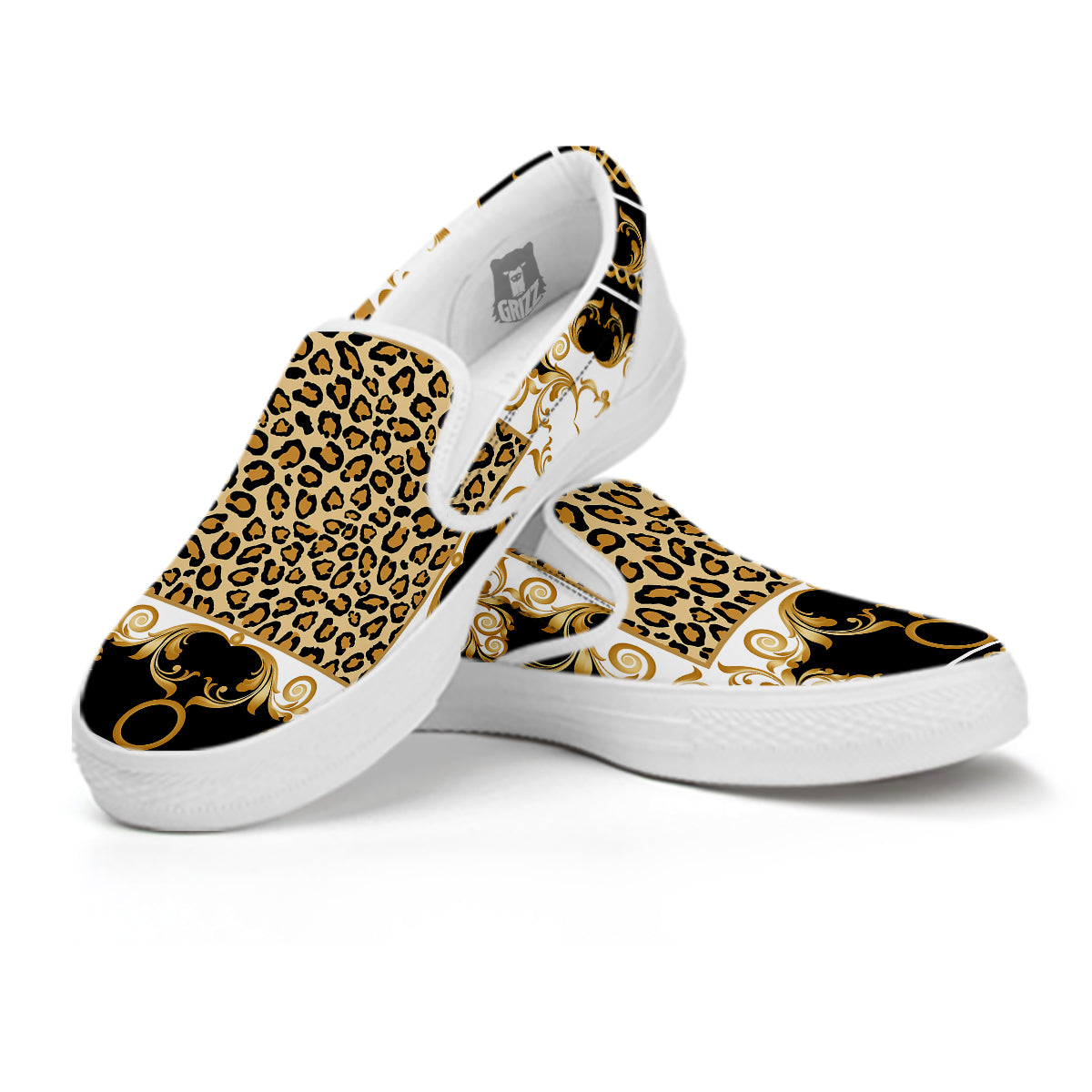 Golden Baroque And Leopard Print White Slip On Shoes-grizzshop