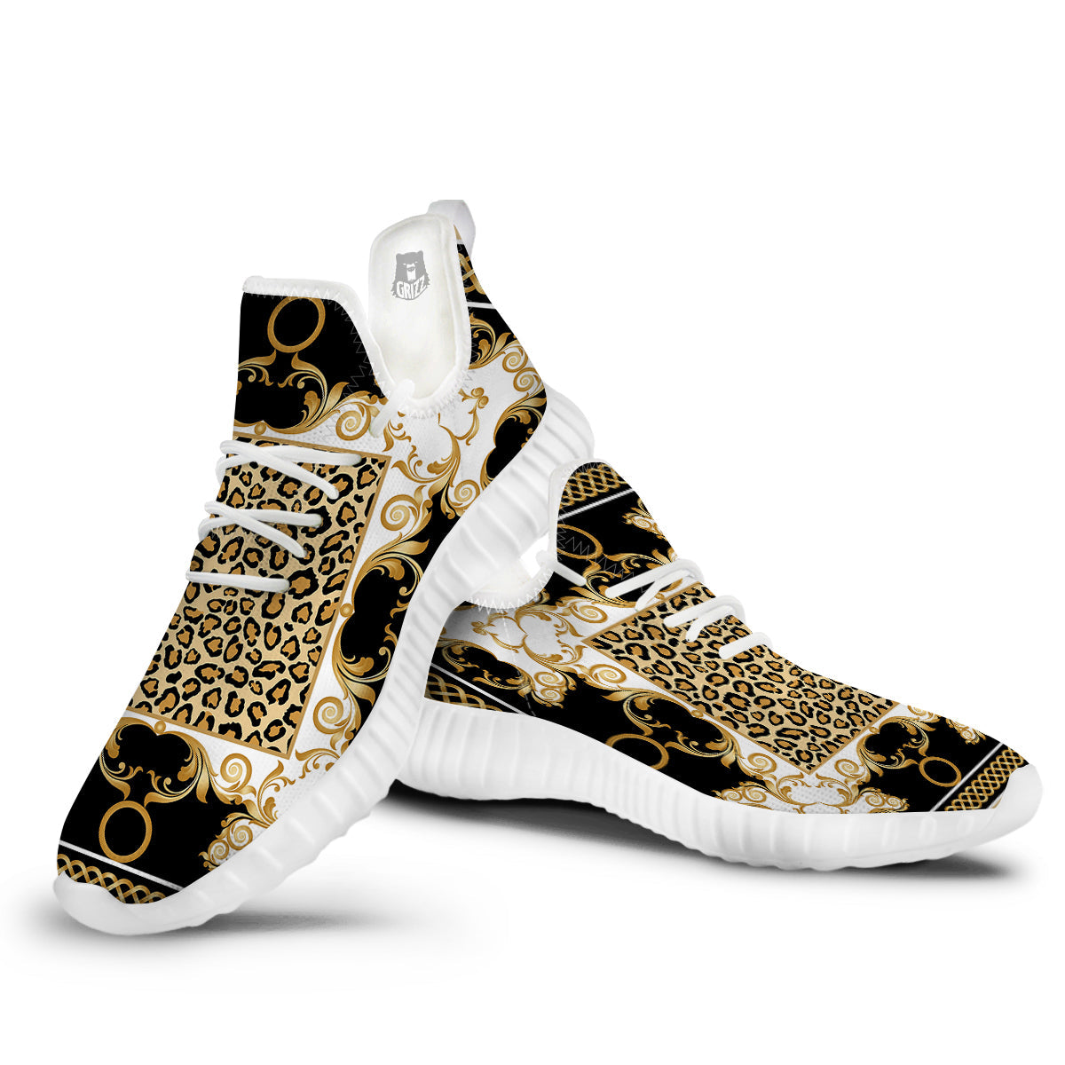 Golden Baroque And Leopard Print White Walking Shoes-grizzshop