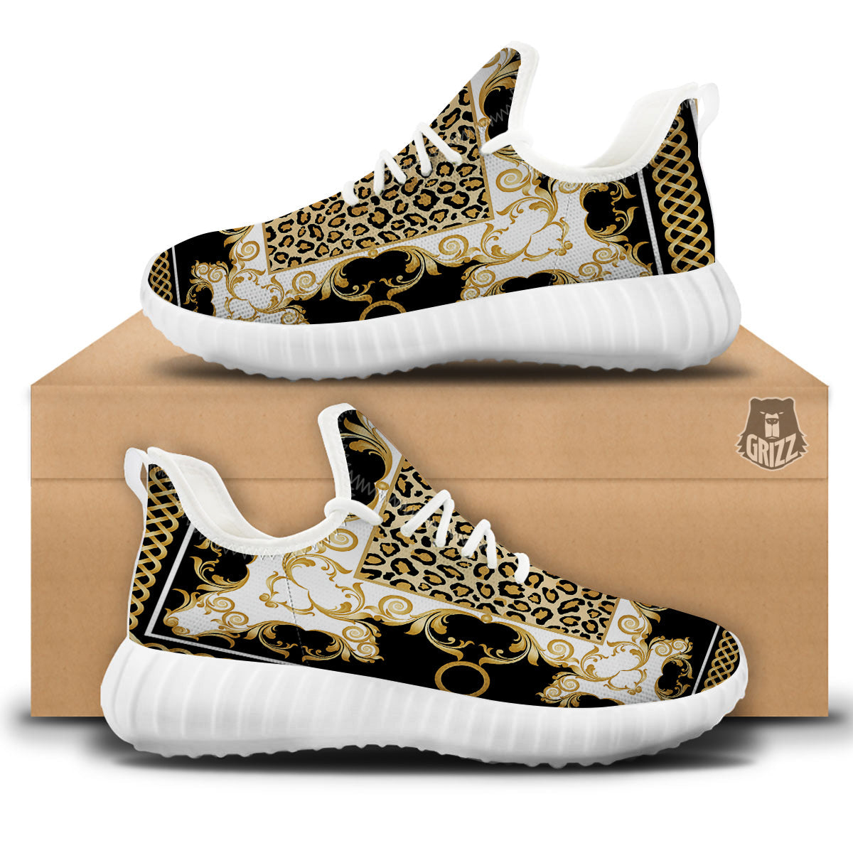 Golden Baroque And Leopard Print White Walking Shoes-grizzshop