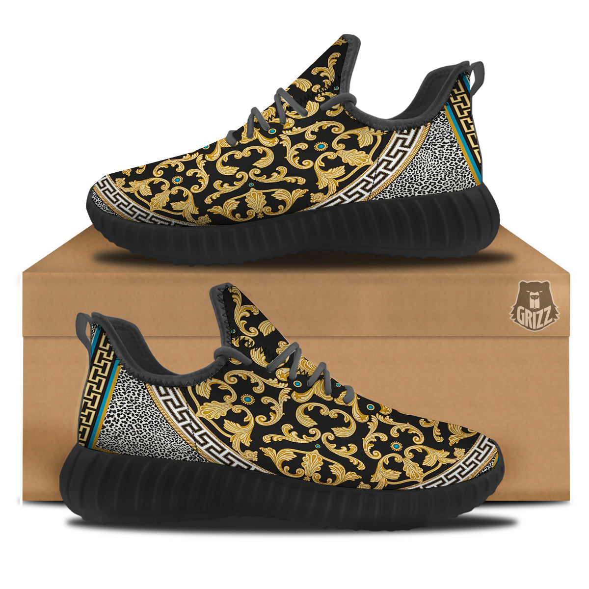 Golden Baroque Leopard Skin Print Black Walking Shoes-grizzshop