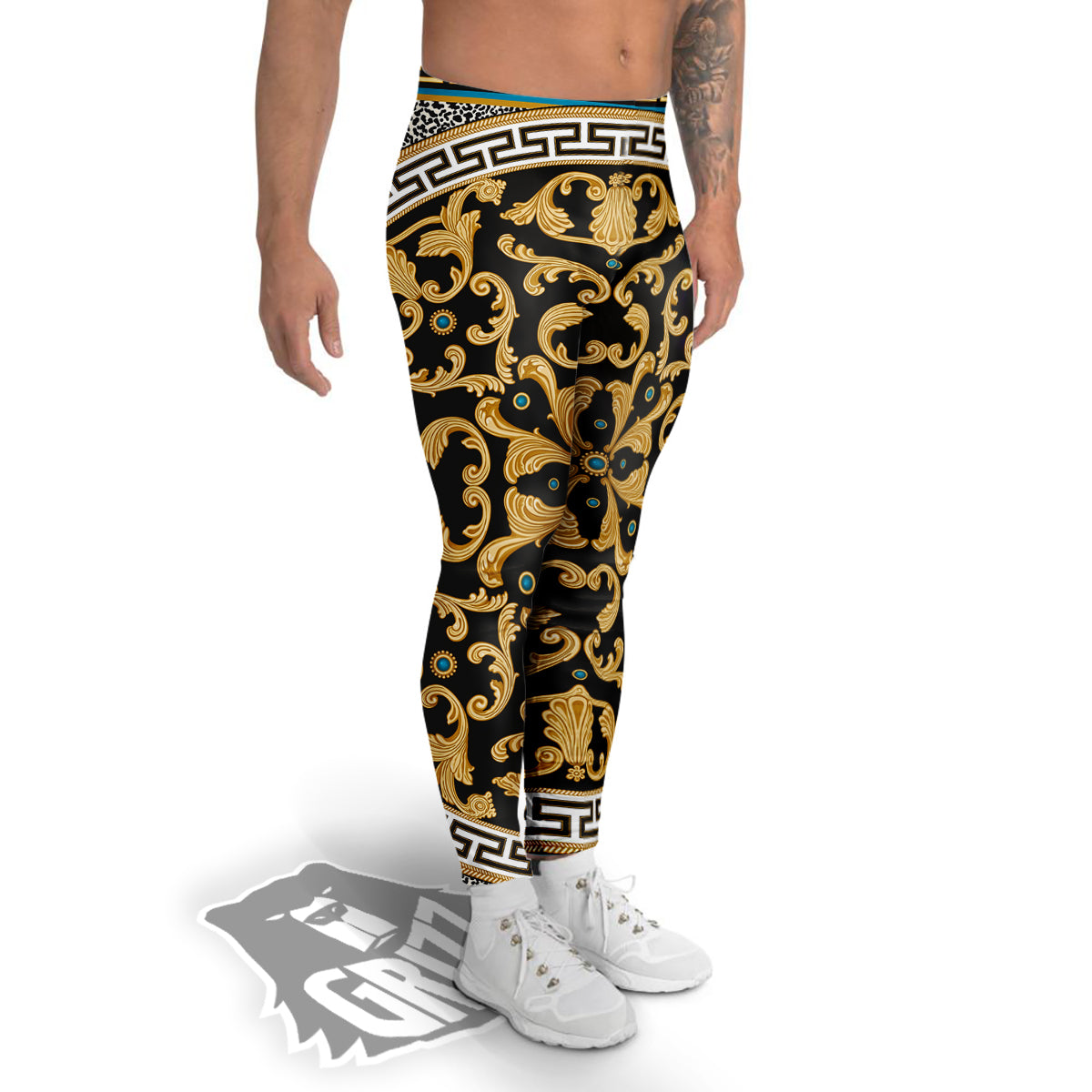 Golden Baroque Leopard Skin Print Men's Leggings-grizzshop