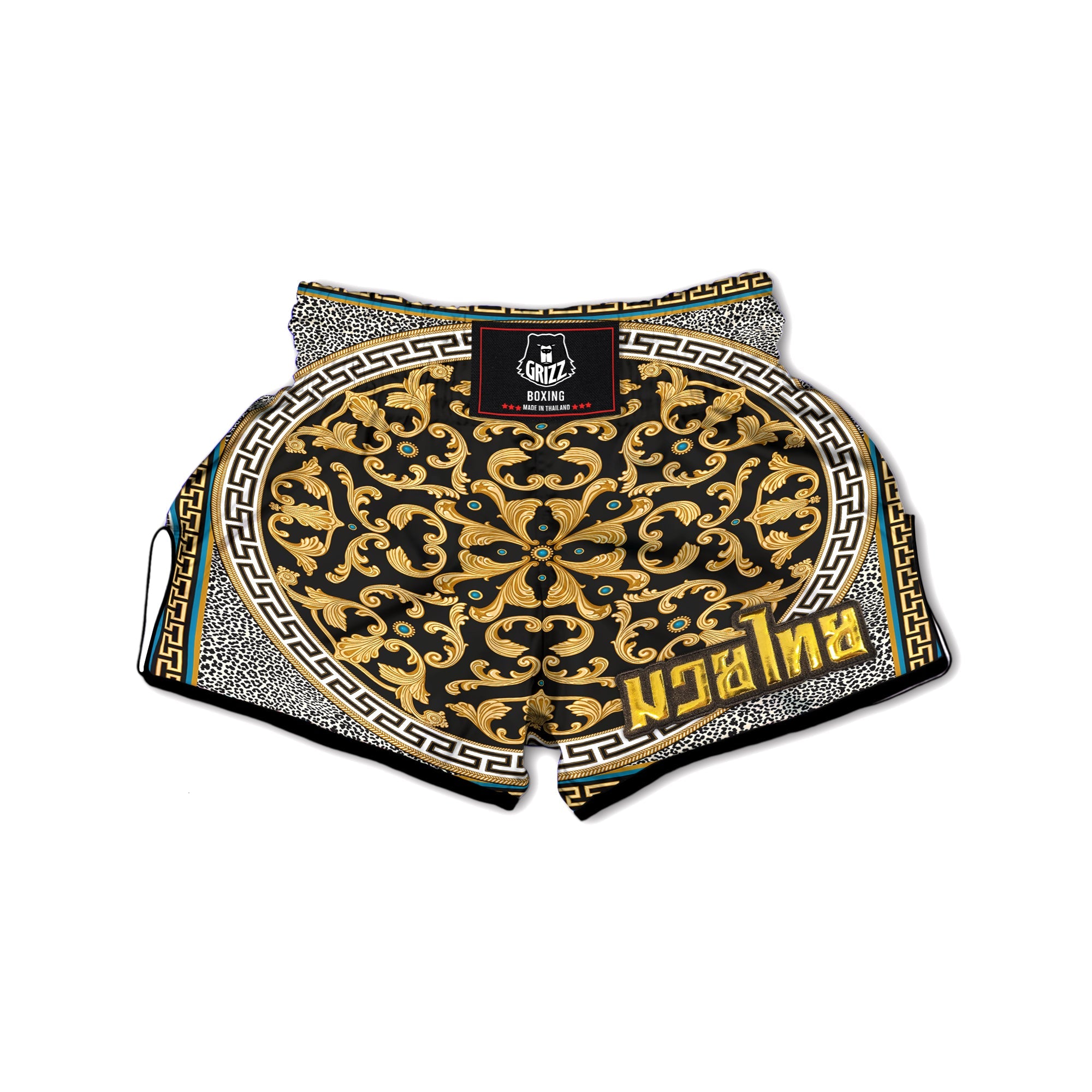 Golden Baroque Leopard Skin Print Muay Thai Boxing Shorts-grizzshop