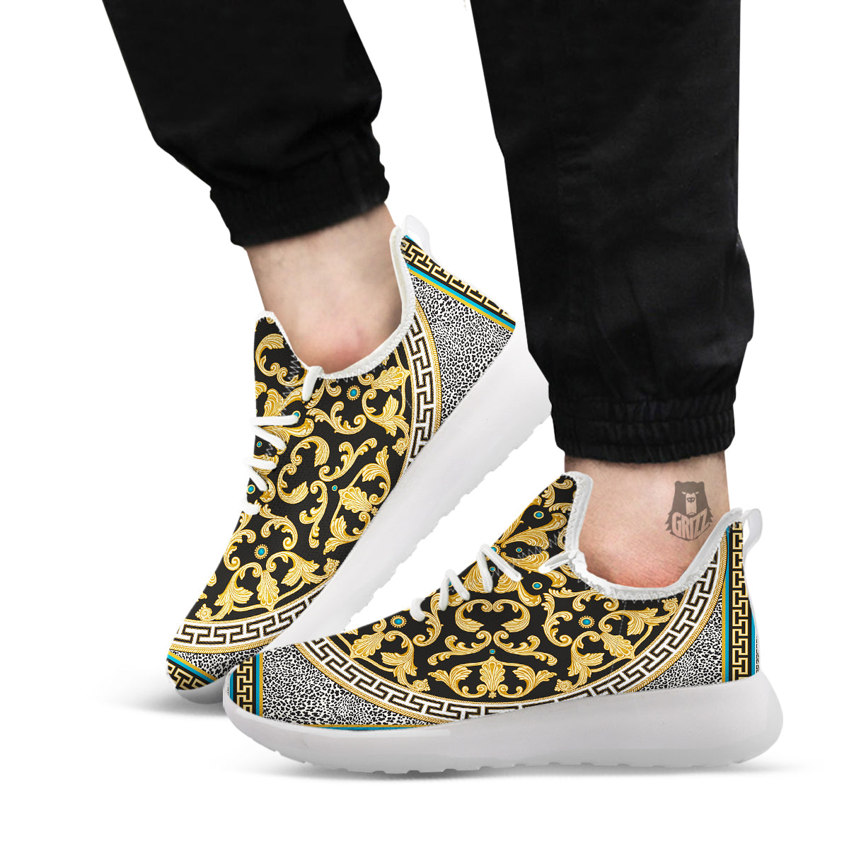 Golden Baroque Leopard Skin Print White Athletic Shoes-grizzshop