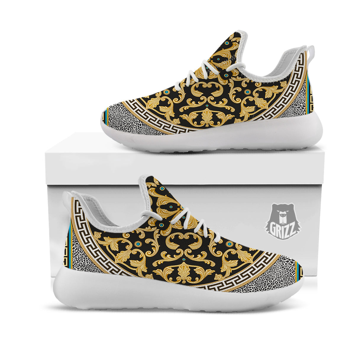 Golden Baroque Leopard Skin Print White Athletic Shoes-grizzshop