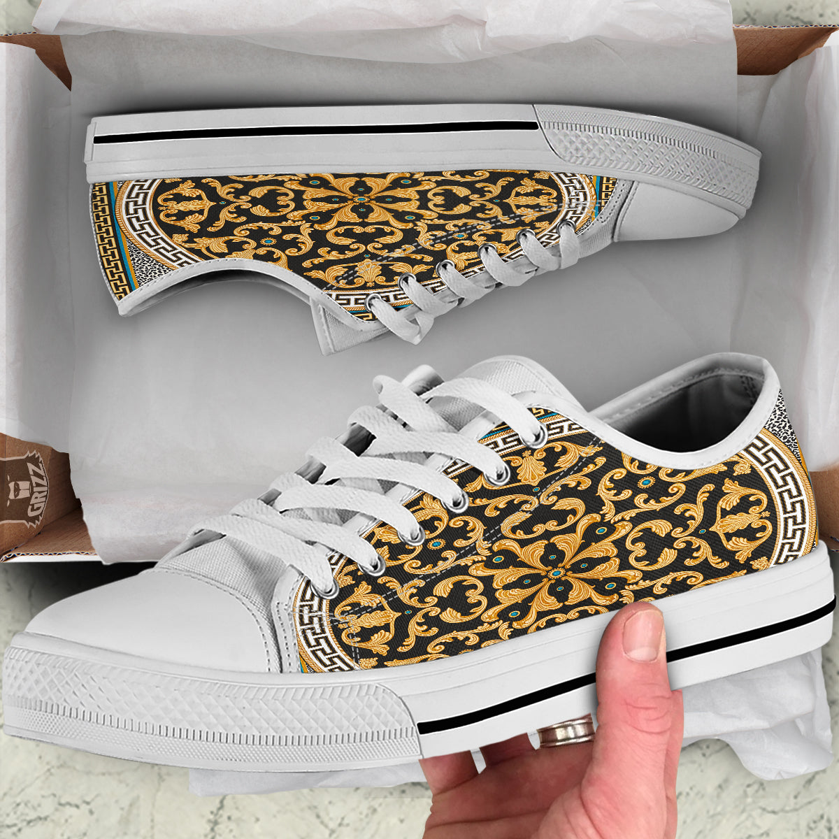 Golden Baroque Leopard Skin Print White Low Top Shoes-grizzshop