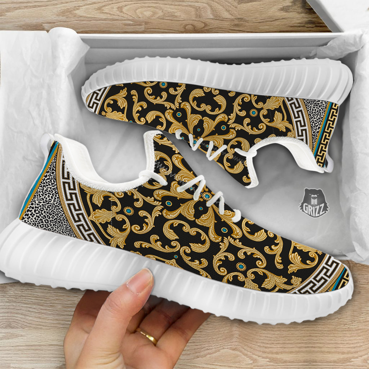 Golden Baroque Leopard Skin Print White Walking Shoes-grizzshop