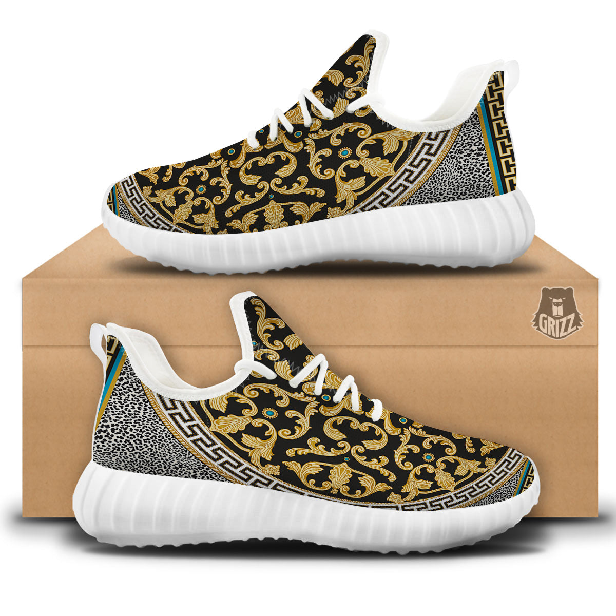 Golden Baroque Leopard Skin Print White Walking Shoes-grizzshop