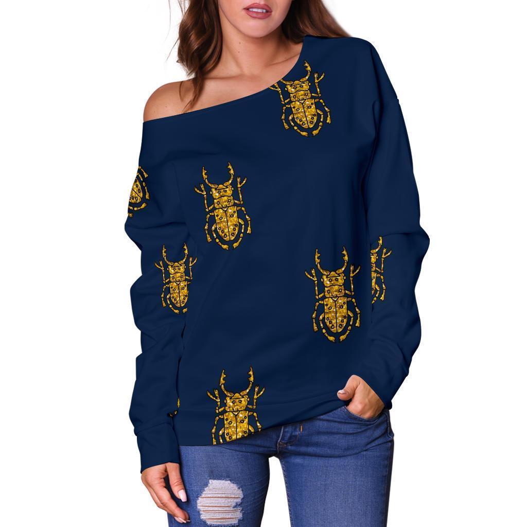 Golden Bug Pattern Print Women Off Shoulder Sweatshirt-grizzshop