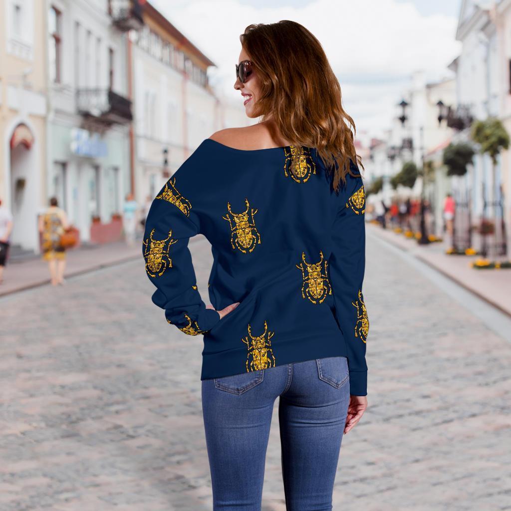 Golden Bug Pattern Print Women Off Shoulder Sweatshirt-grizzshop