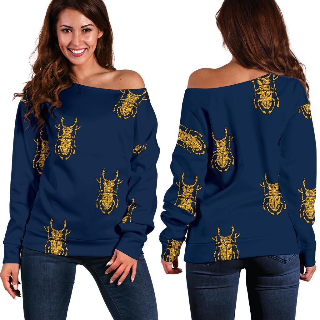 Golden Bug Pattern Print Women Off Shoulder Sweatshirt-grizzshop