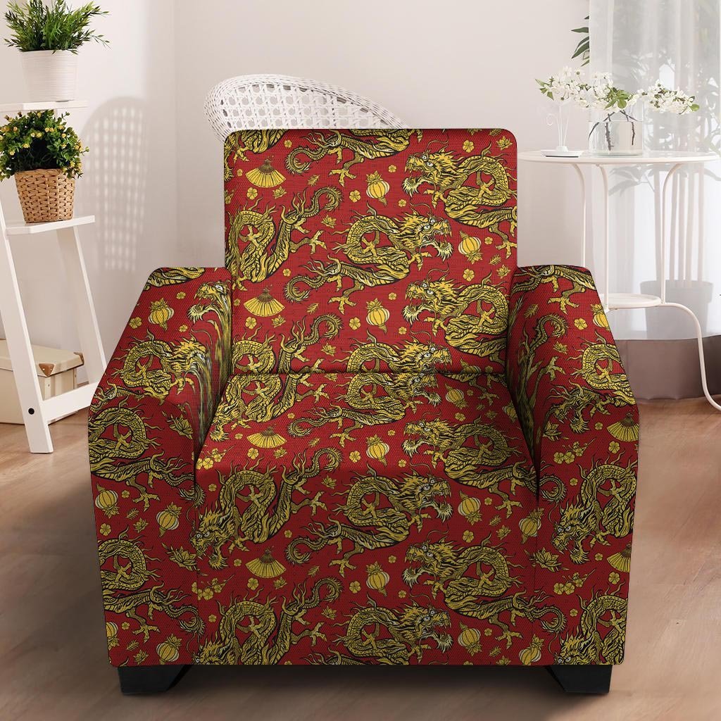 Golden Chinese Dragon Floral Print Armchair Cover-grizzshop