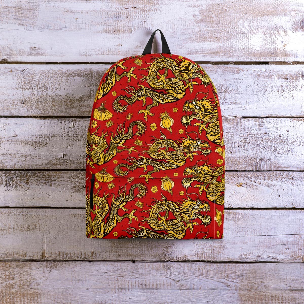 Golden Chinese Dragon Floral Print Backpack-grizzshop