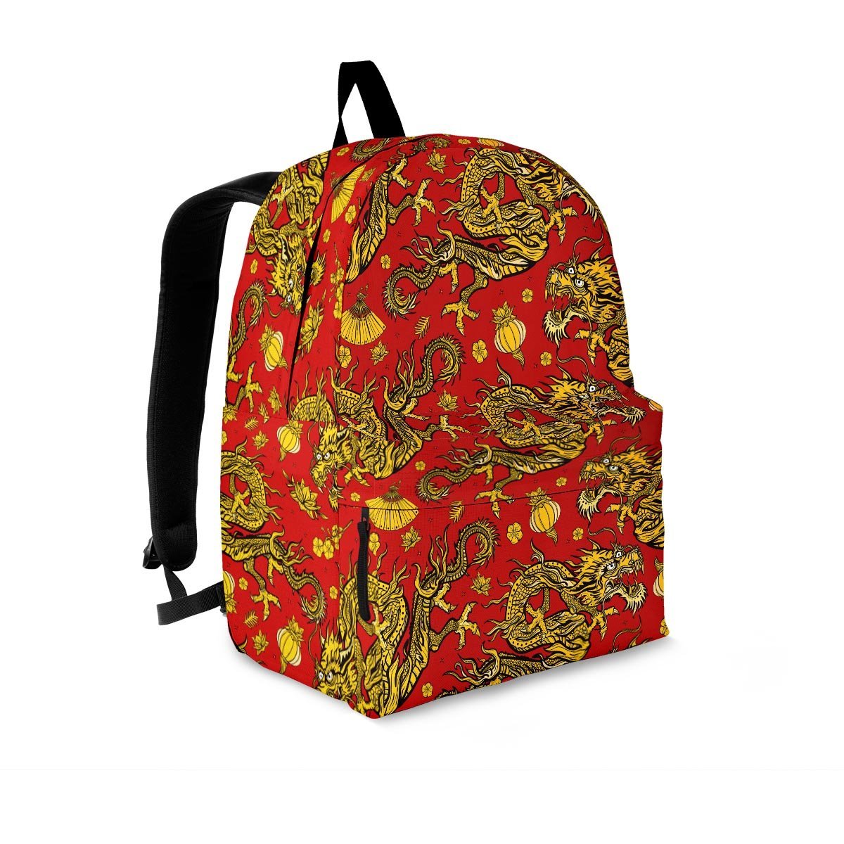 Golden Chinese Dragon Floral Print Backpack-grizzshop