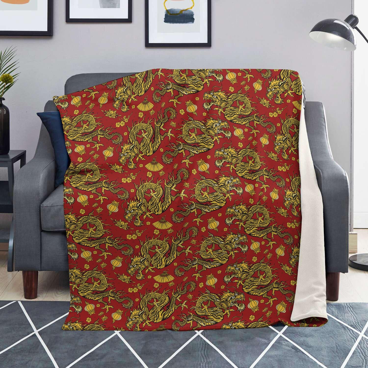 Golden Chinese Dragon Floral Print Blanket-grizzshop