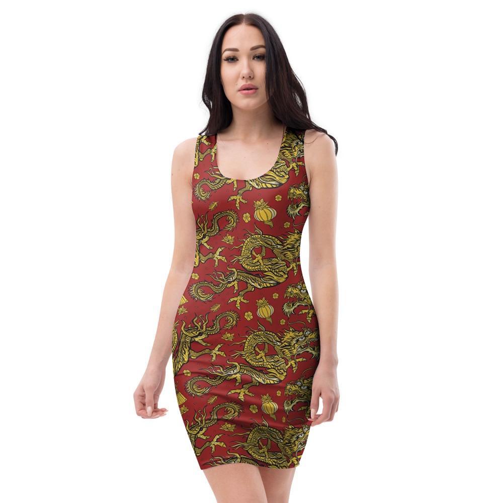 Golden Chinese Dragon Floral Print Bodycon Dress-grizzshop