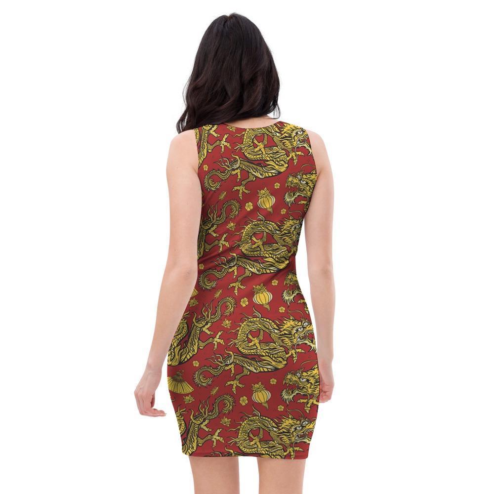 Golden Chinese Dragon Floral Print Bodycon Dress-grizzshop