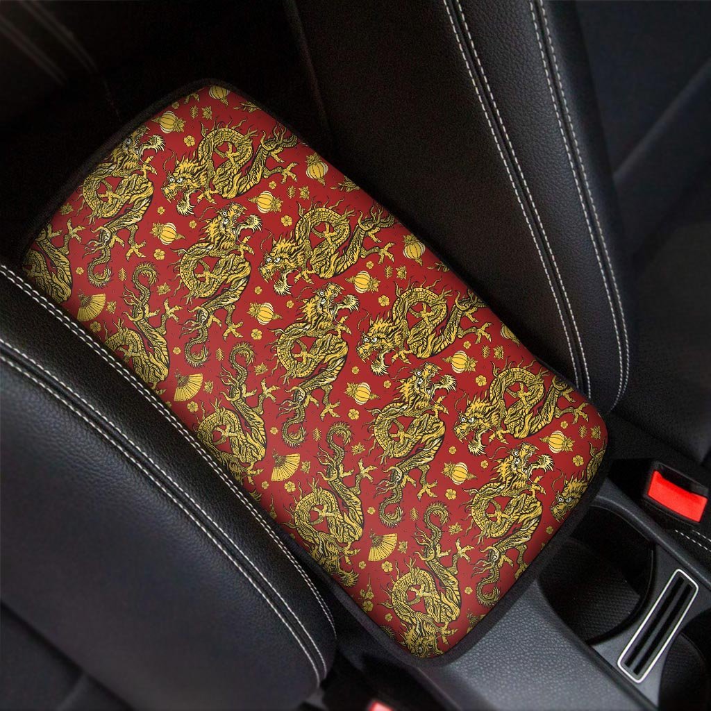 Golden Chinese Dragon Floral Print Car Console Cover-grizzshop