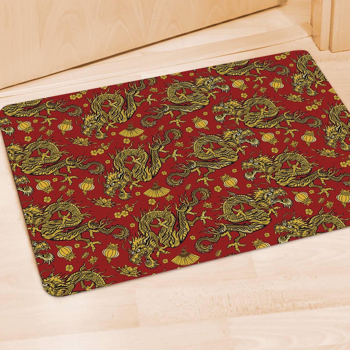 Golden Chinese Dragon Floral Print Door Mat-grizzshop