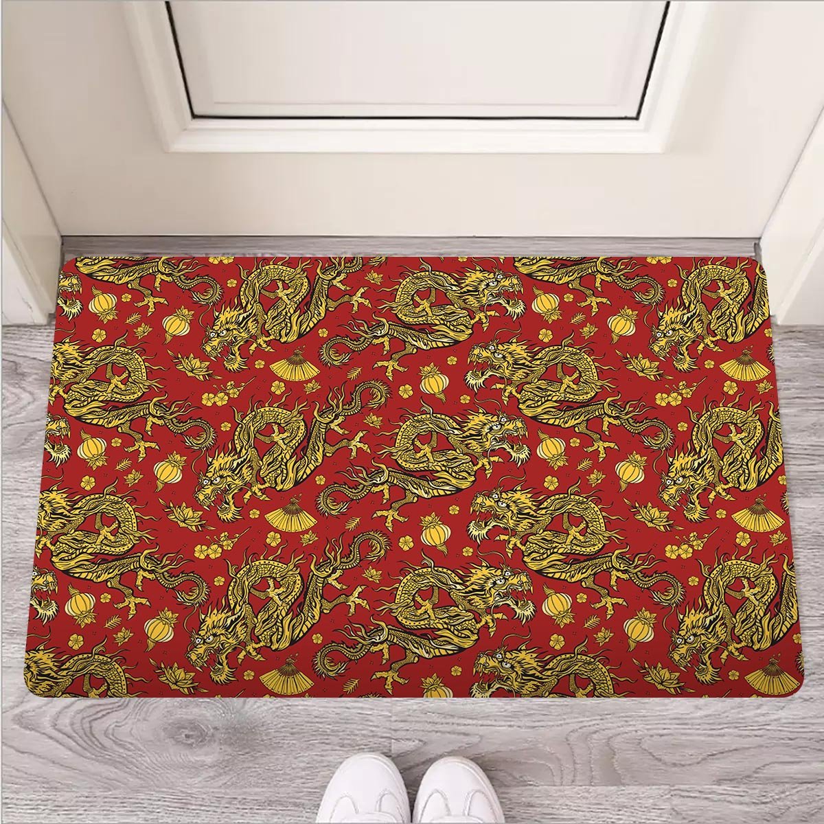 Golden Chinese Dragon Floral Print Door Mat-grizzshop