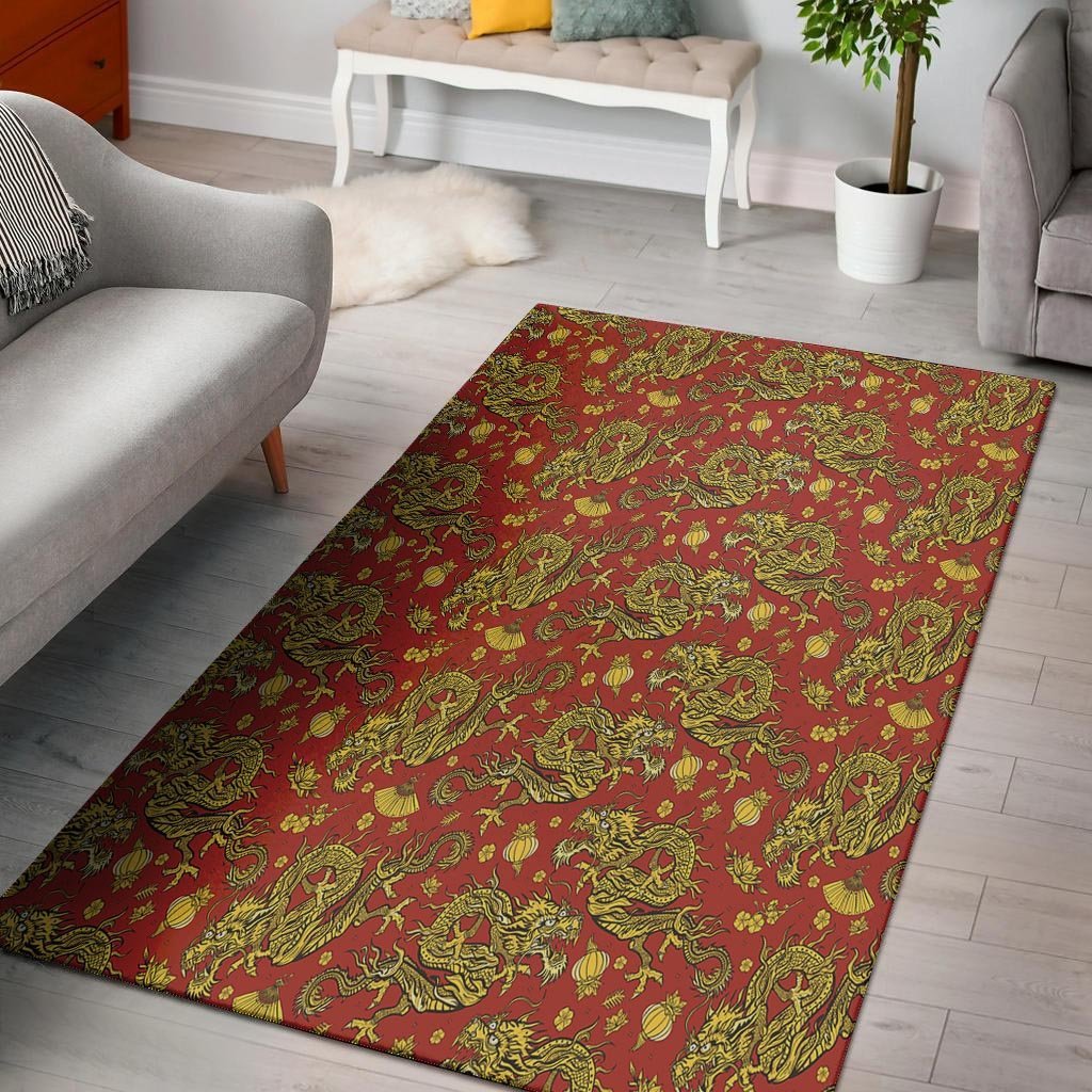 Golden Chinese Dragon Floral Print Floor Mat-grizzshop