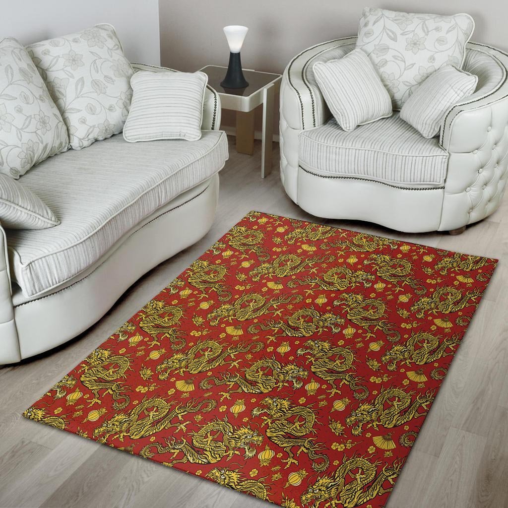 Golden Chinese Dragon Floral Print Floor Mat-grizzshop