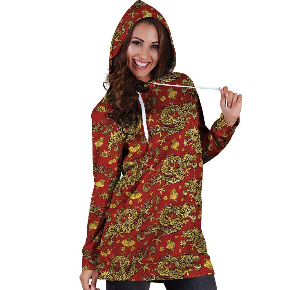 Golden Chinese Dragon Floral Print Hoodie Dress-grizzshop