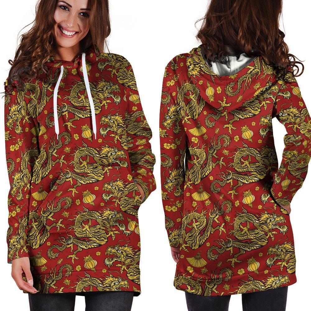 Golden Chinese Dragon Floral Print Hoodie Dress-grizzshop