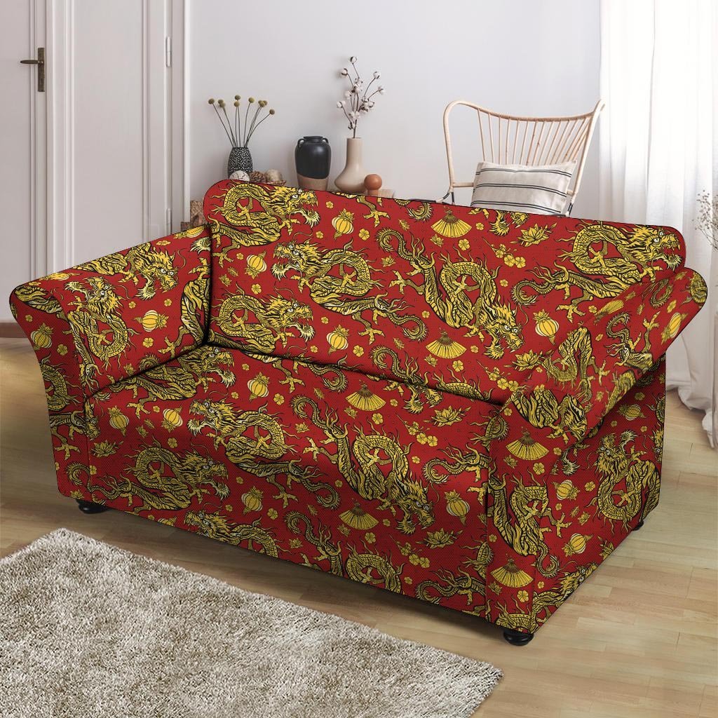 Golden Chinese Dragon Floral Print Loveseat Cover-grizzshop