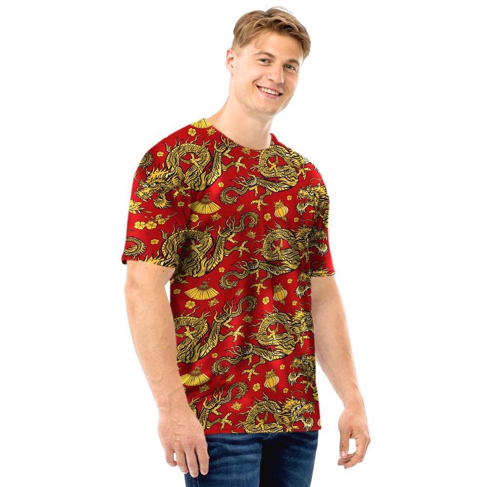 Golden Chinese Dragon Floral Print Men T Shirt-grizzshop