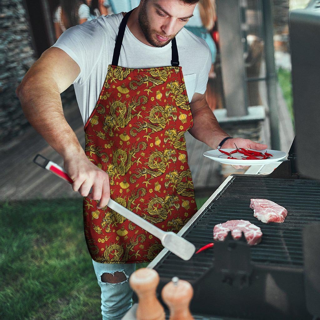 Golden Chinese Dragon Floral Print Men's Apron-grizzshop