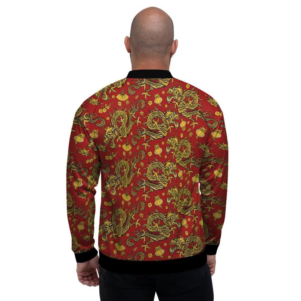 Golden Chinese Dragon Floral Print Men's Bomber Jacket-grizzshop