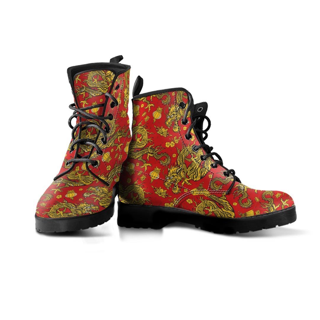 Golden Chinese Dragon Floral Print Men's Boots-grizzshop