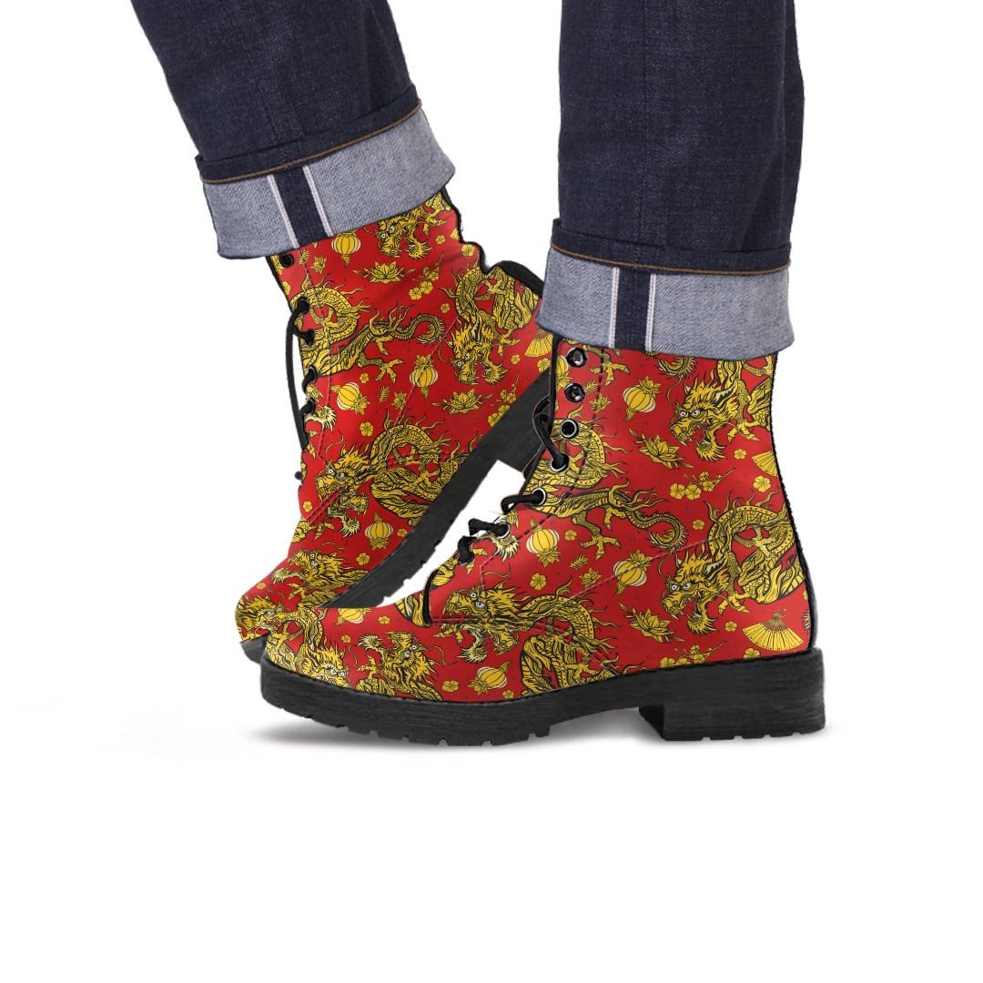 Golden Chinese Dragon Floral Print Men's Boots-grizzshop