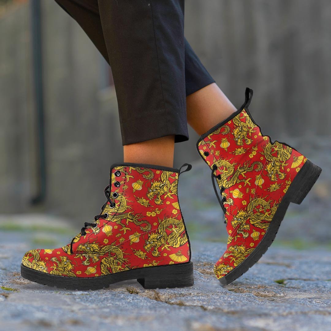 Golden Chinese Dragon Floral Print Men's Boots-grizzshop