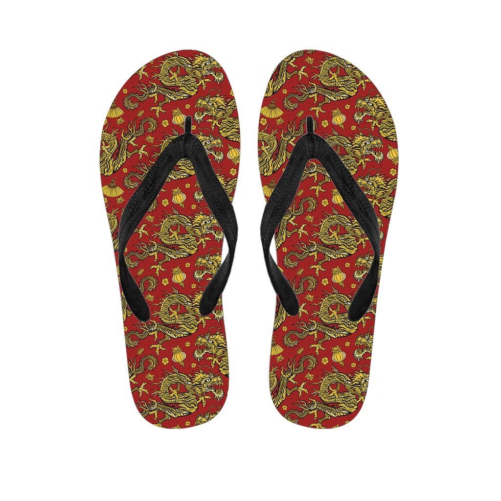 Golden Chinese Dragon Floral Print Men's Flip Flops-grizzshop