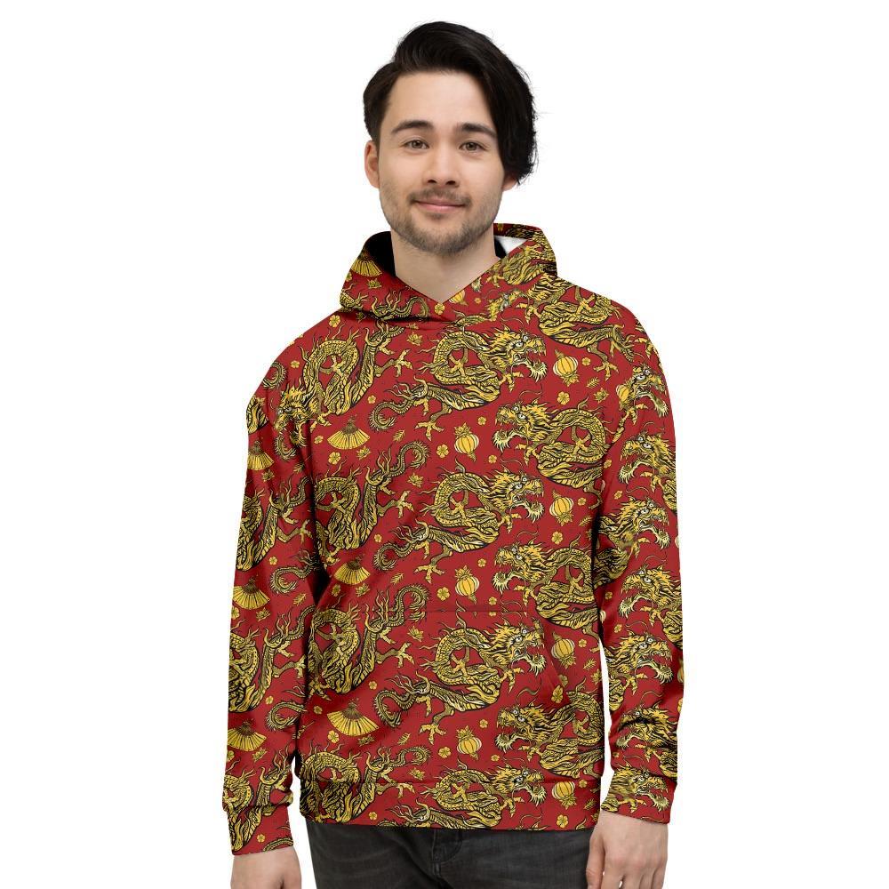 Golden Chinese Dragon Floral Print Men's Hoodie-grizzshop