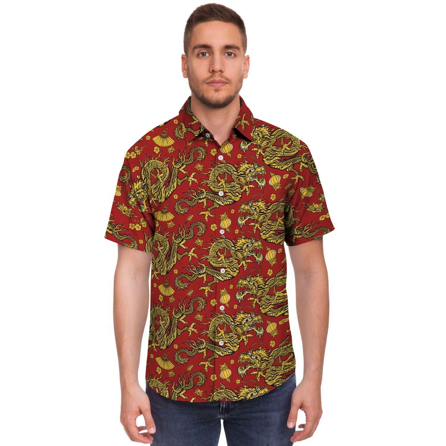 Golden Chinese Dragon Floral Print Men's Short Sleeve Shirt-grizzshop