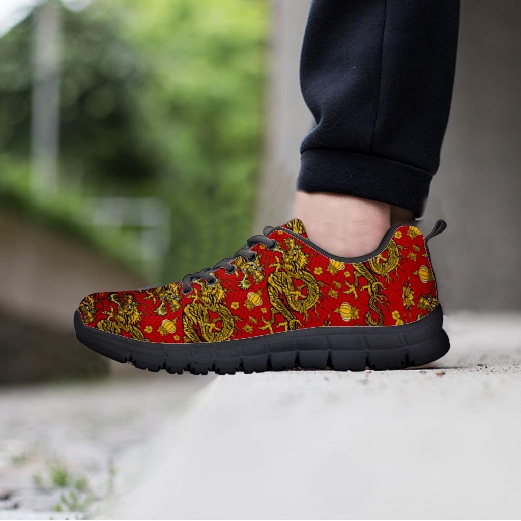 Golden Chinese Dragon Floral Print Men's Sneakers-grizzshop