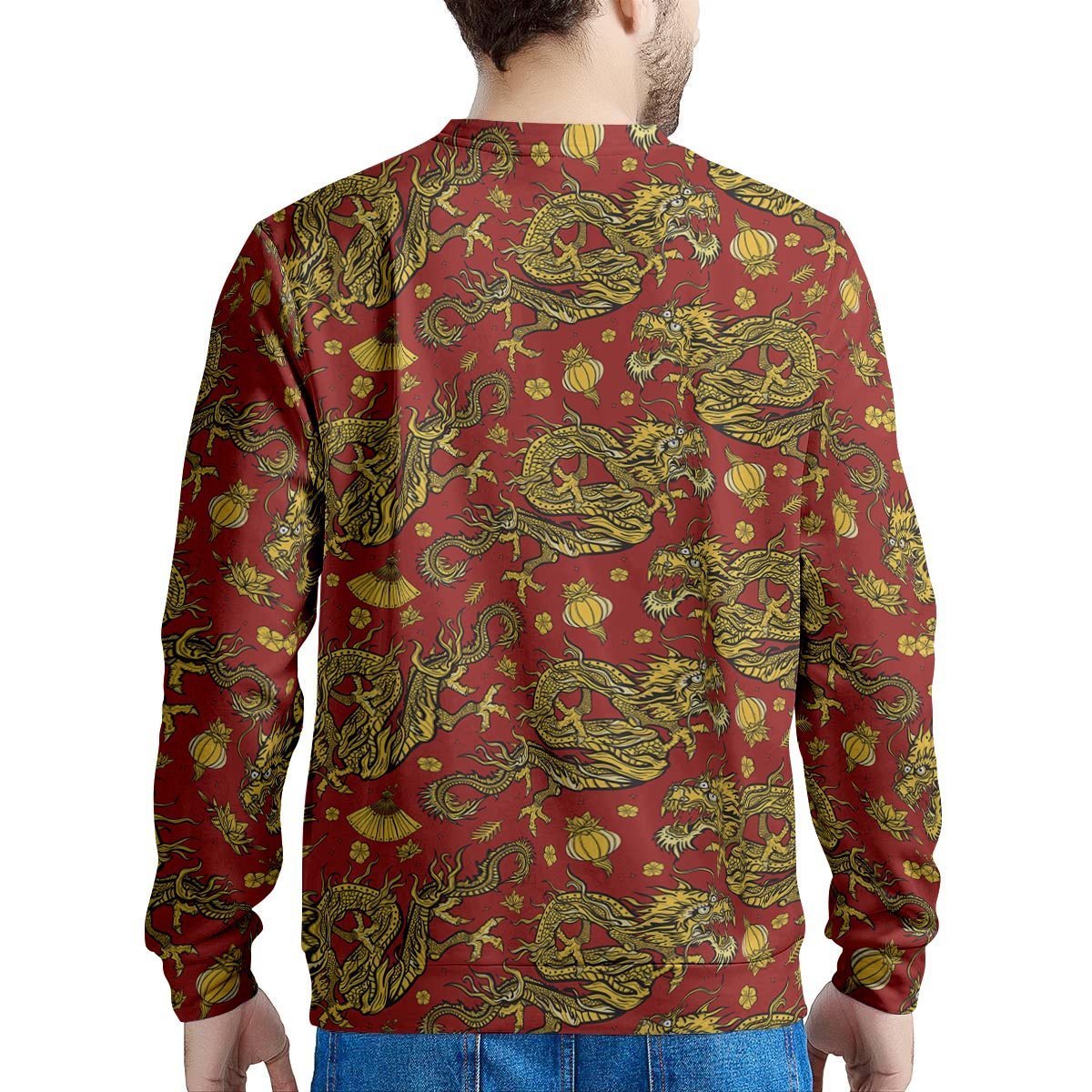 Golden Chinese Dragon Floral Print Men's Sweatshirt-grizzshop