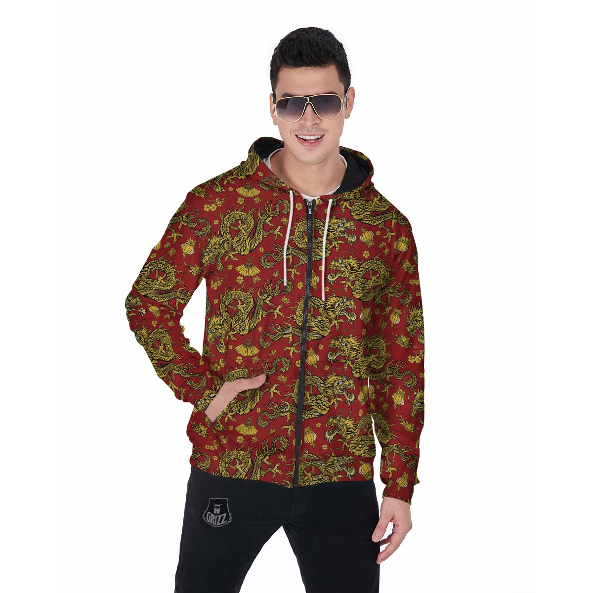 Golden Chinese Dragon Floral Print Men's Zip Up Hoodie-grizzshop