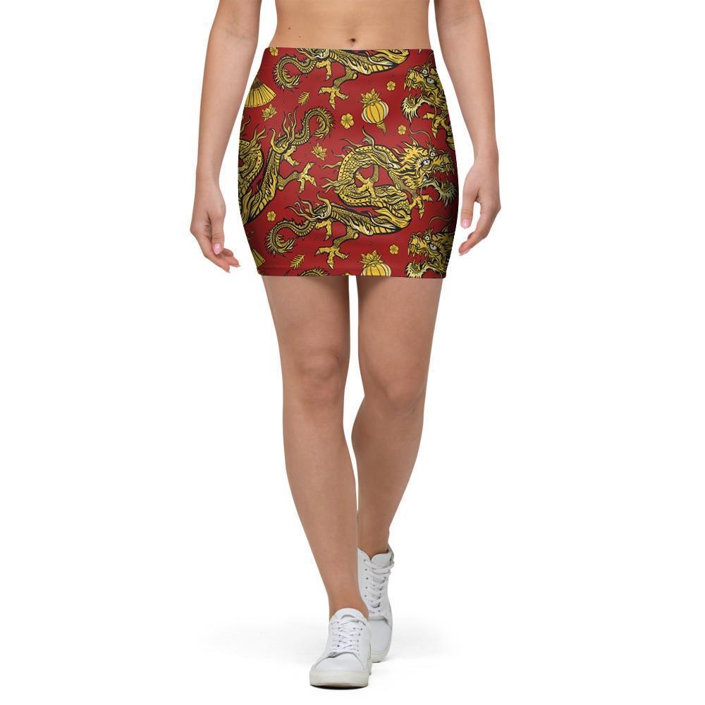 Golden Chinese Dragon Floral Print Mini Skirt-grizzshop