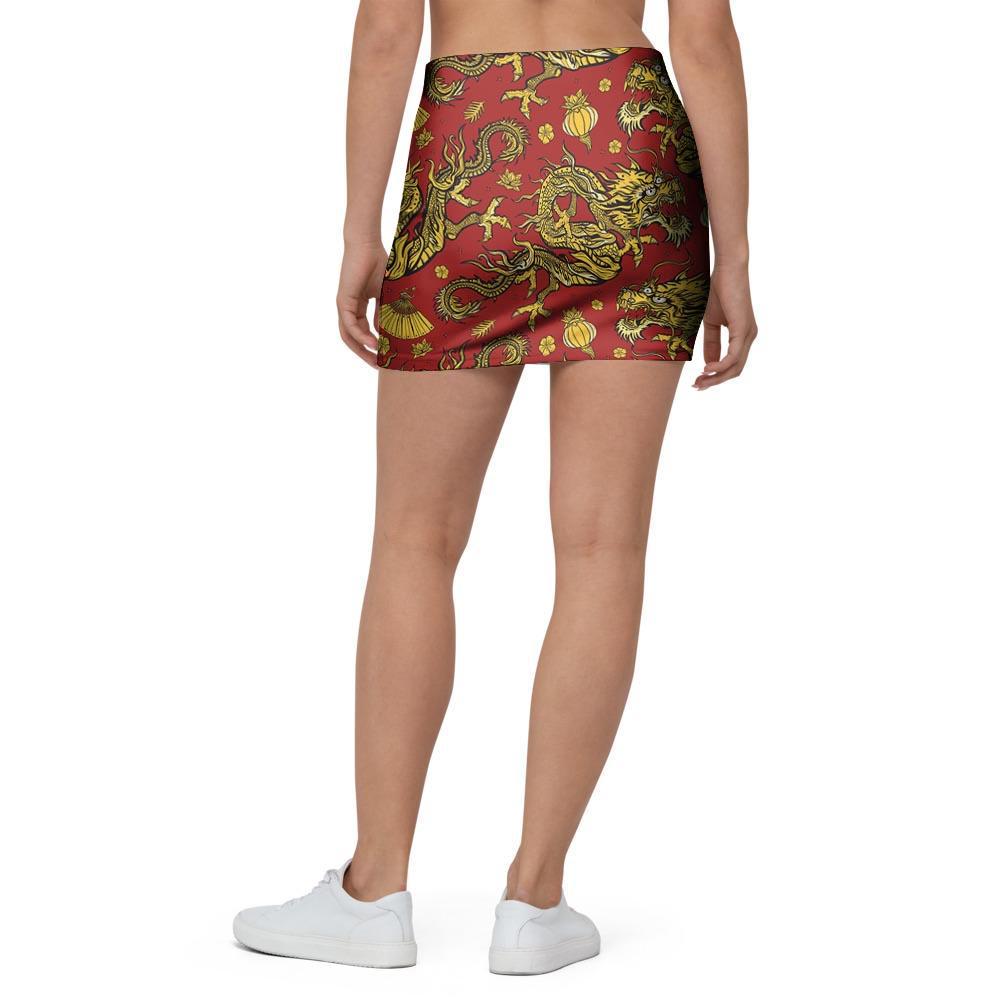 Golden Chinese Dragon Floral Print Mini Skirt-grizzshop