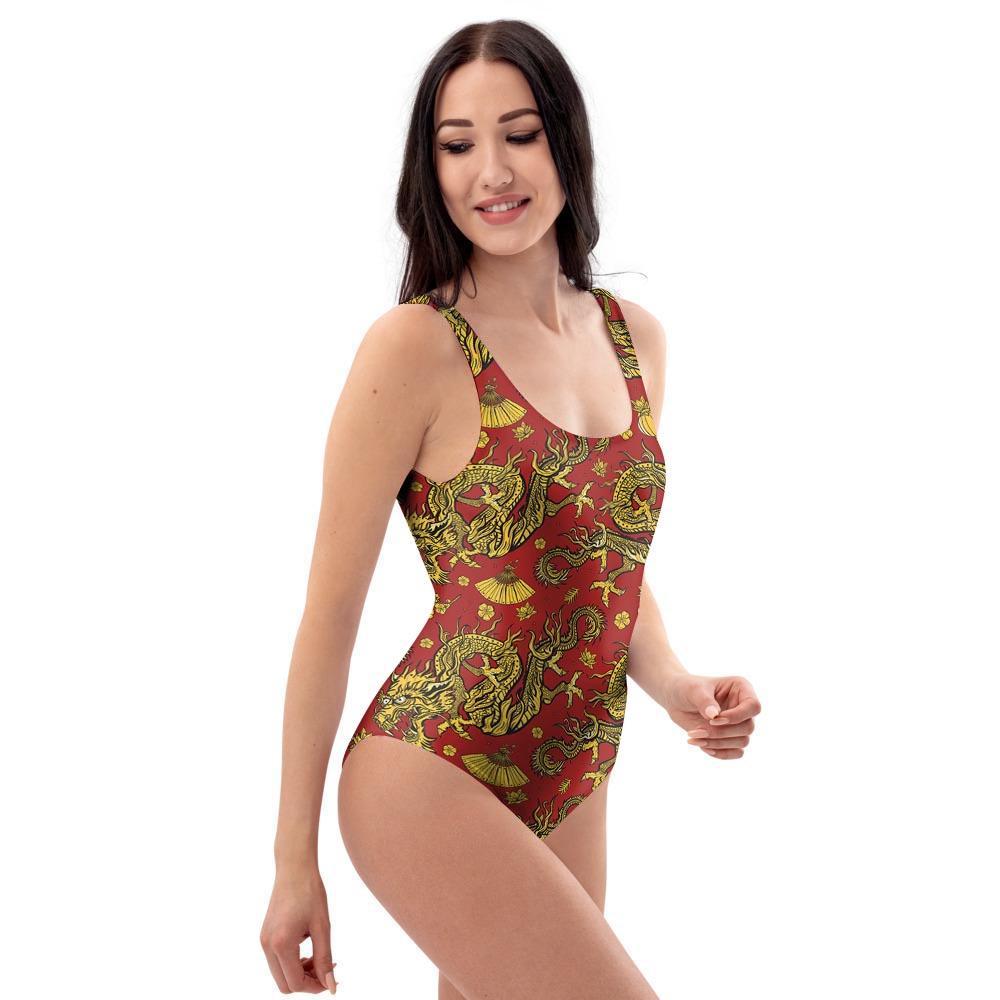 Golden Chinese Dragon Floral Print One Piece Swimsuite-grizzshop