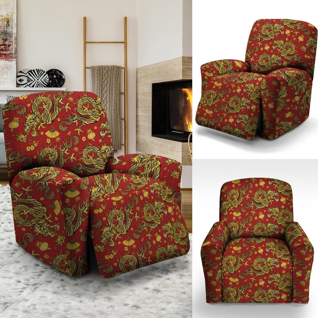 Golden Chinese Dragon Floral Print Recliner Cover-grizzshop