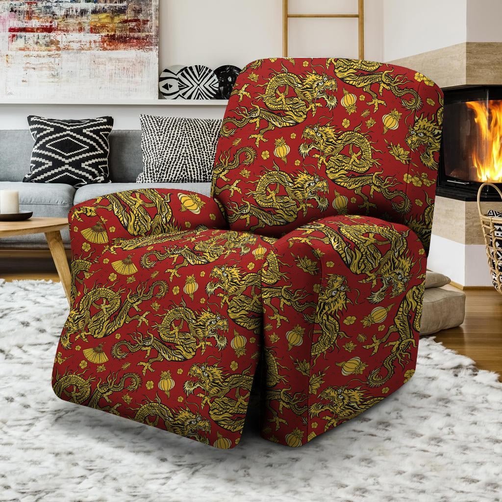 Golden Chinese Dragon Floral Print Recliner Cover-grizzshop